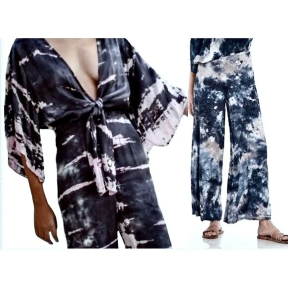 Young Fabulous & Broke Pants - Young Fabulous Broke Set Carmen Tie Front Top Aiko Wide Leg Pants XS Blue TieDye